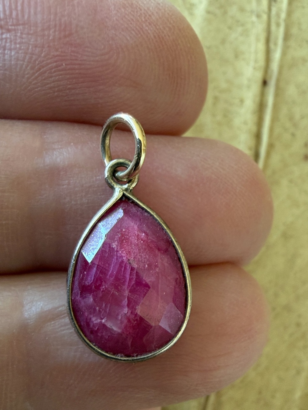Vintage 10K gold plated teardrop pendant with natural deep pink ruby